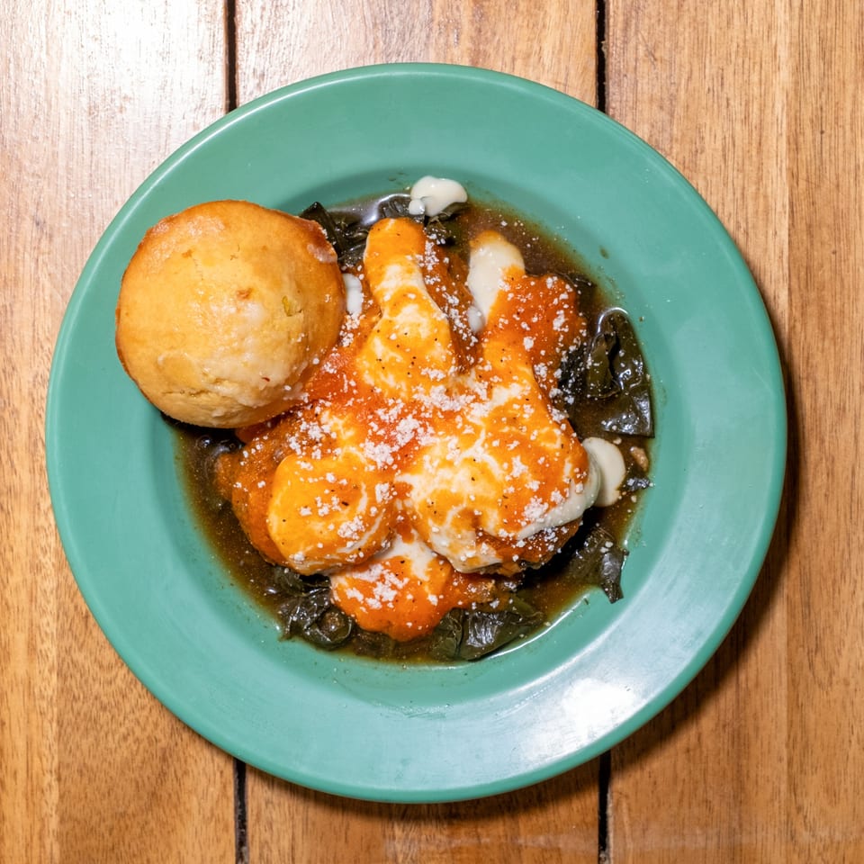 Overhead view of a green plate with a golden biscuit and eggs covered in orange sauce.